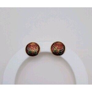 1970s Vintage Genuine Red Rose Cloisonné Stud Earrings